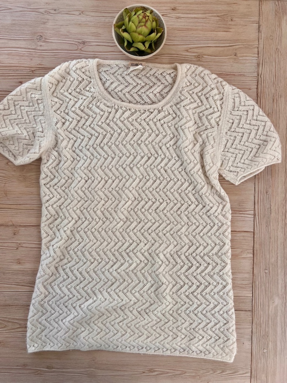 Malo Cashmere Short Sleeve Sweater Ivory Textured Knit Tee Size M